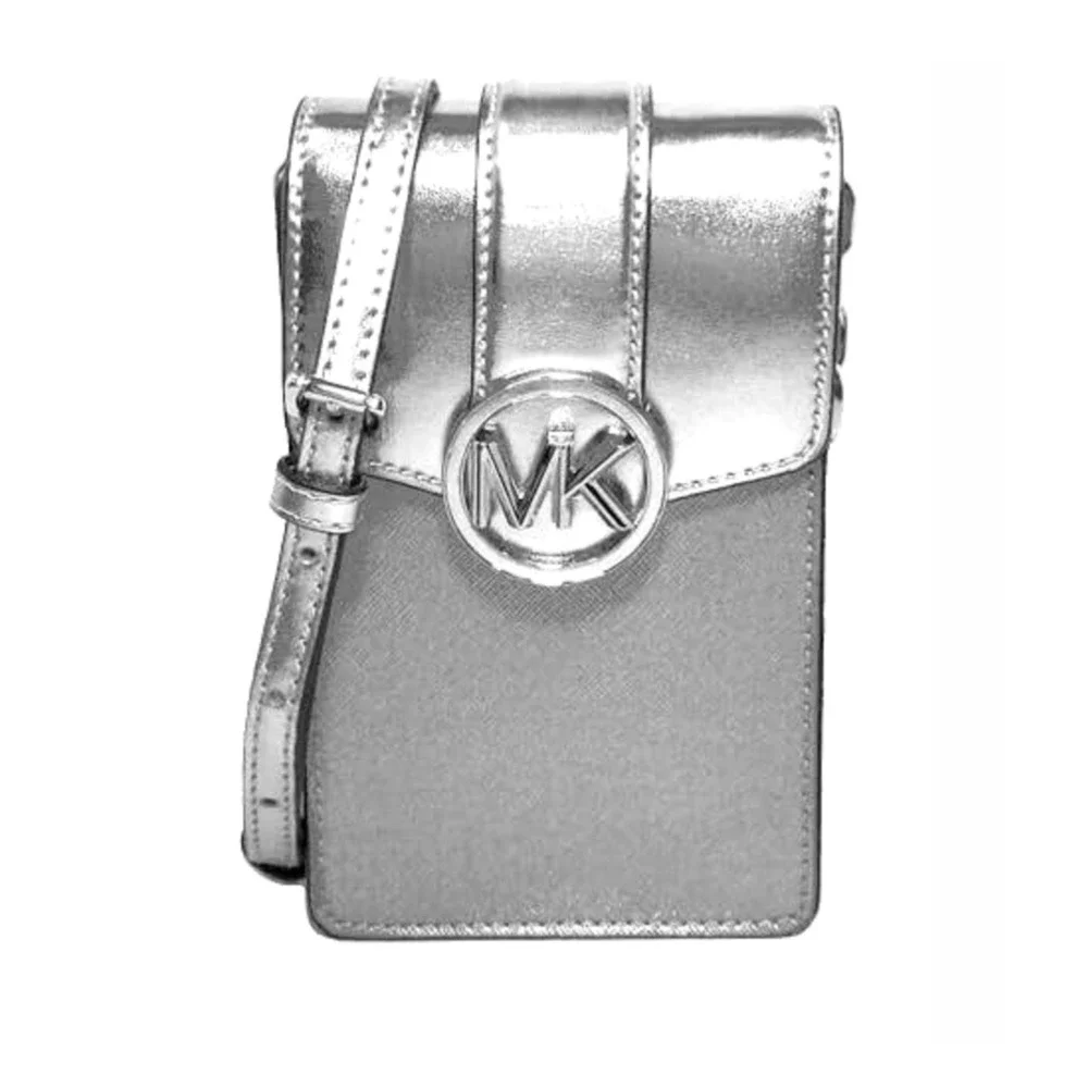 Michael Kors Carmen Small Logo Smartphone Crossbody Bag Silver $348 Nwt